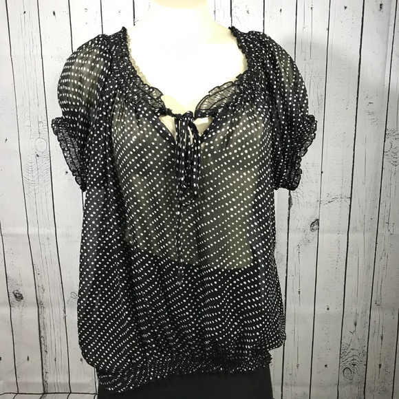Semi Sheer black white polka dot top elastic M - Picture 1 of 7